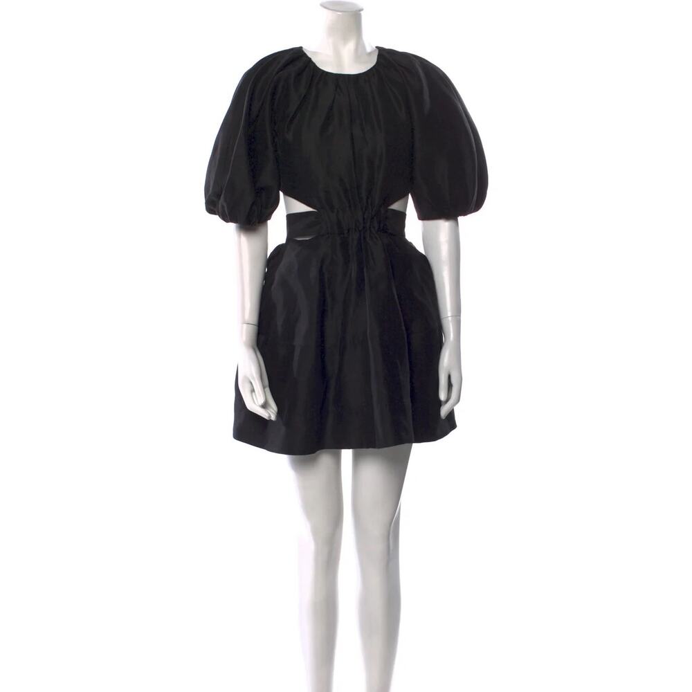 Aje Mimosa Cutout Puff Sleeve Linen Silk Mini Dress XS Black A-Line Ruffle